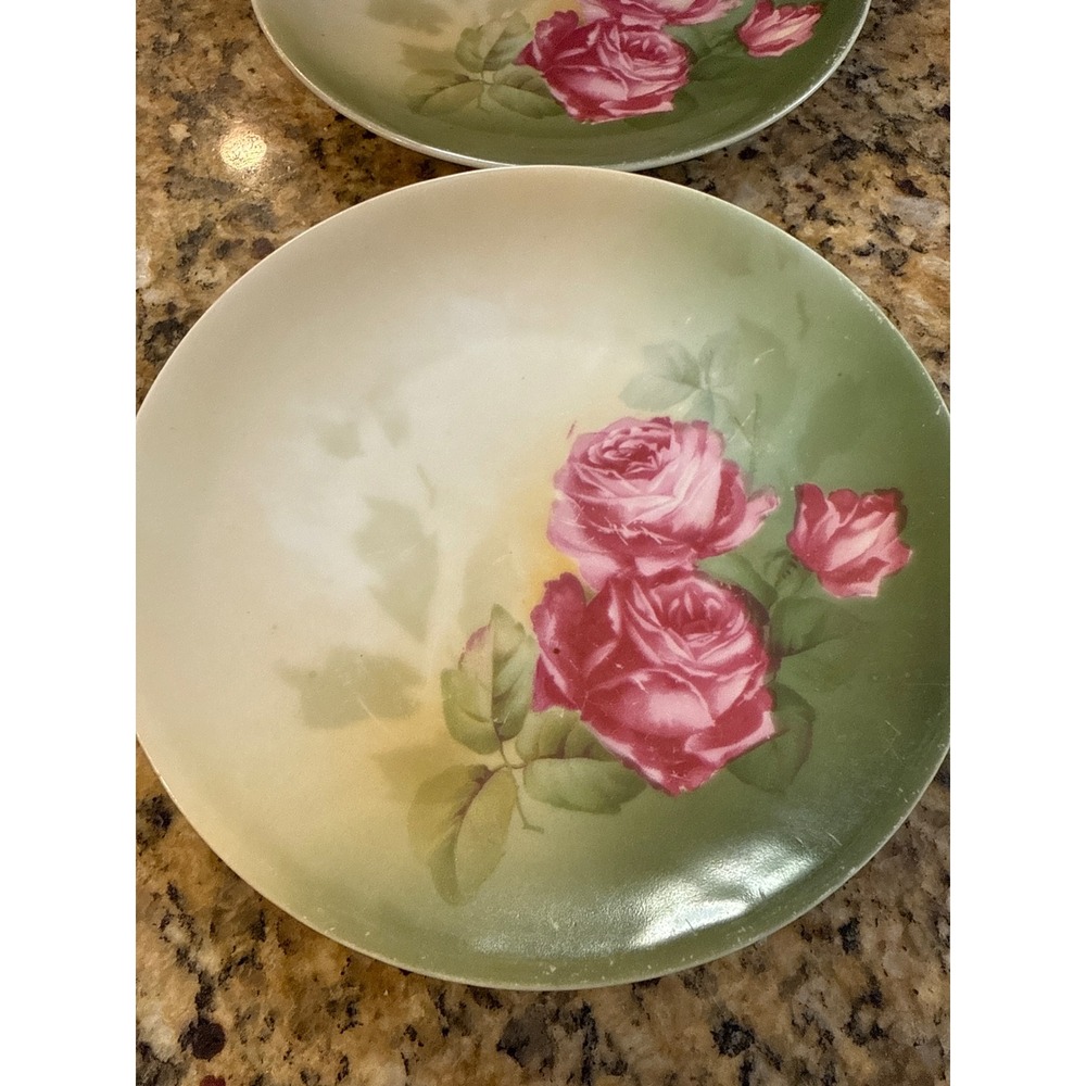 Antique German Porcelain Rose Plates Set of 2 Pink Floral Green 6.25 Inch AS IS - Picture 3 of 9